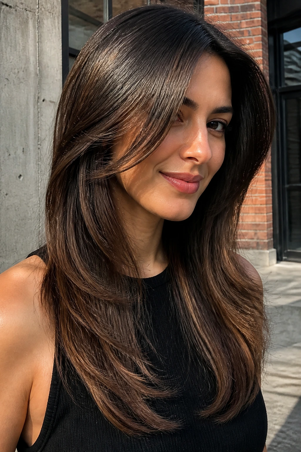 Close-up of a real woman with V-shaped back and cheekbone-framing front pieces