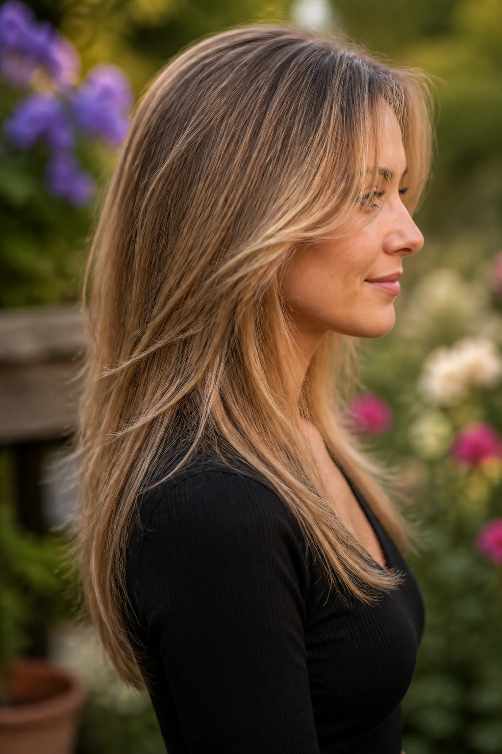 Profile portrait of a real woman with V-shaped back and feathered front pieces