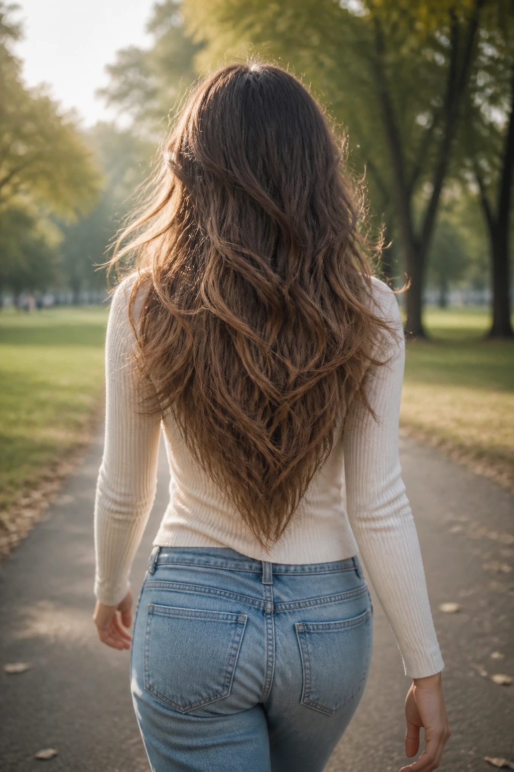 Medium shot of a real woman with long wavy hair forming a V-shaped silhouette at the back.