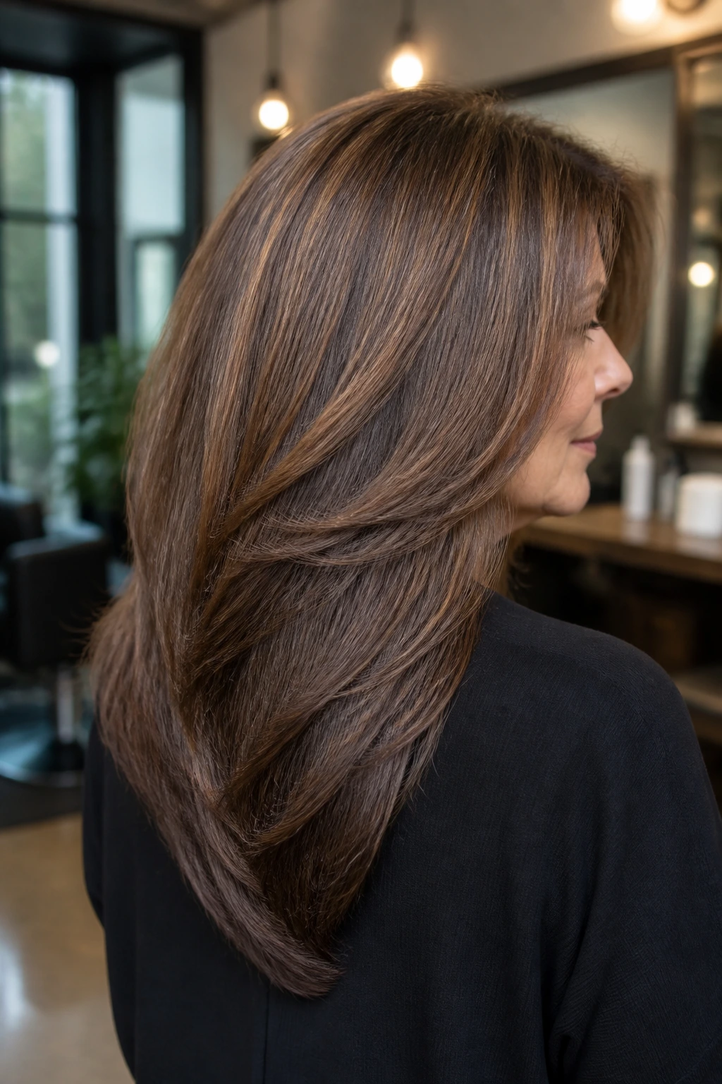 Close-up portrait of a real woman with dense hair styled in a pronounced V-shaped back layer