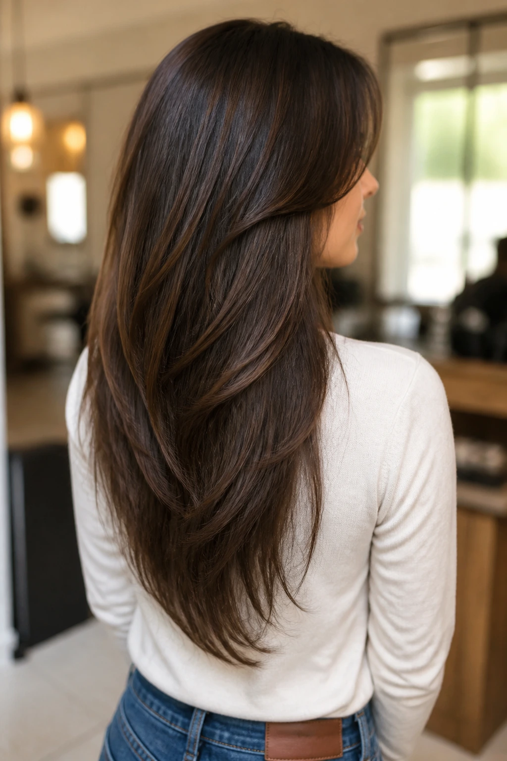Back view of real woman showing low V-shaped layers for swing in hair