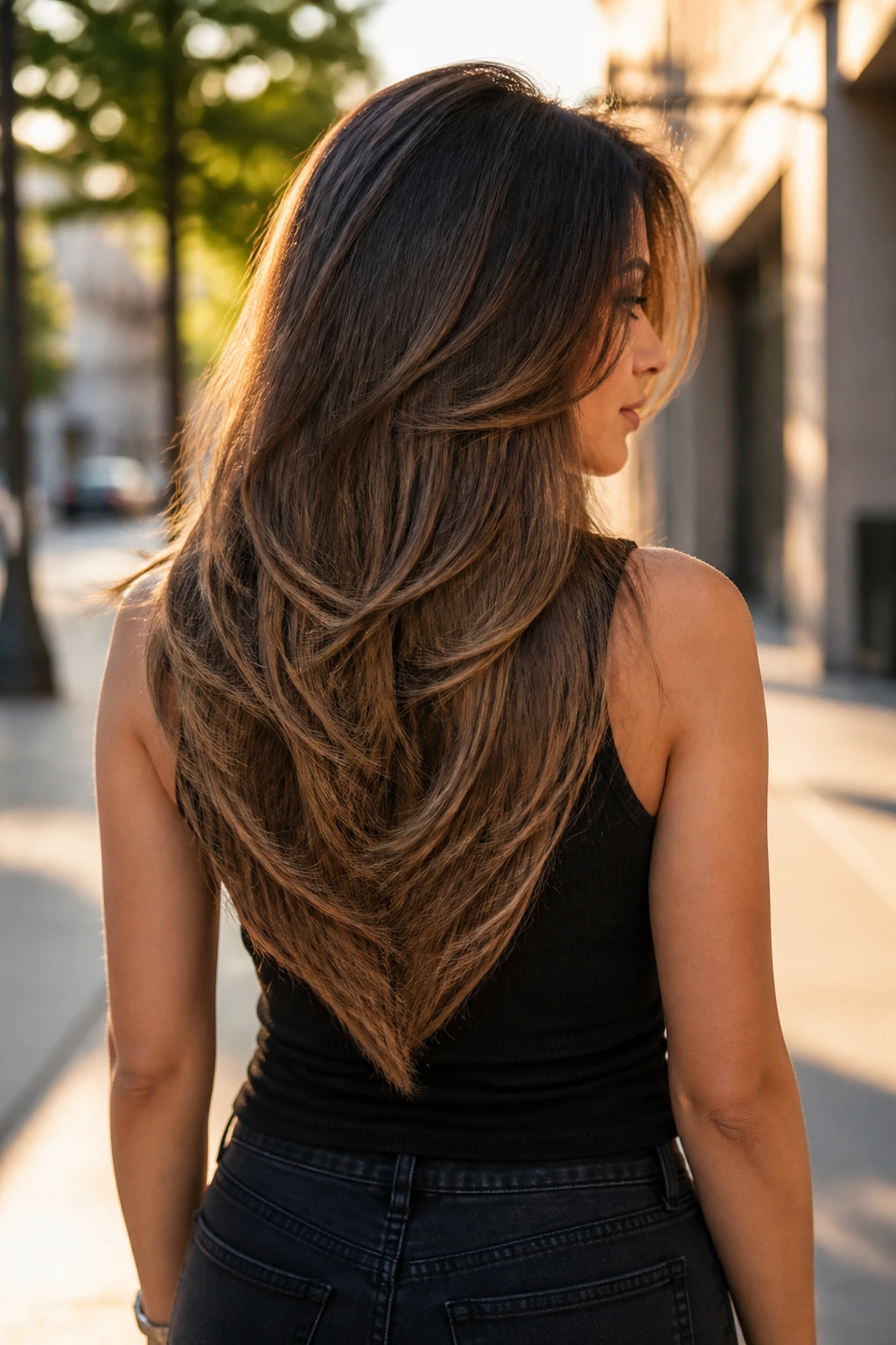 Three-quarter back portrait of a real woman with V-shaped layers tapering at the back