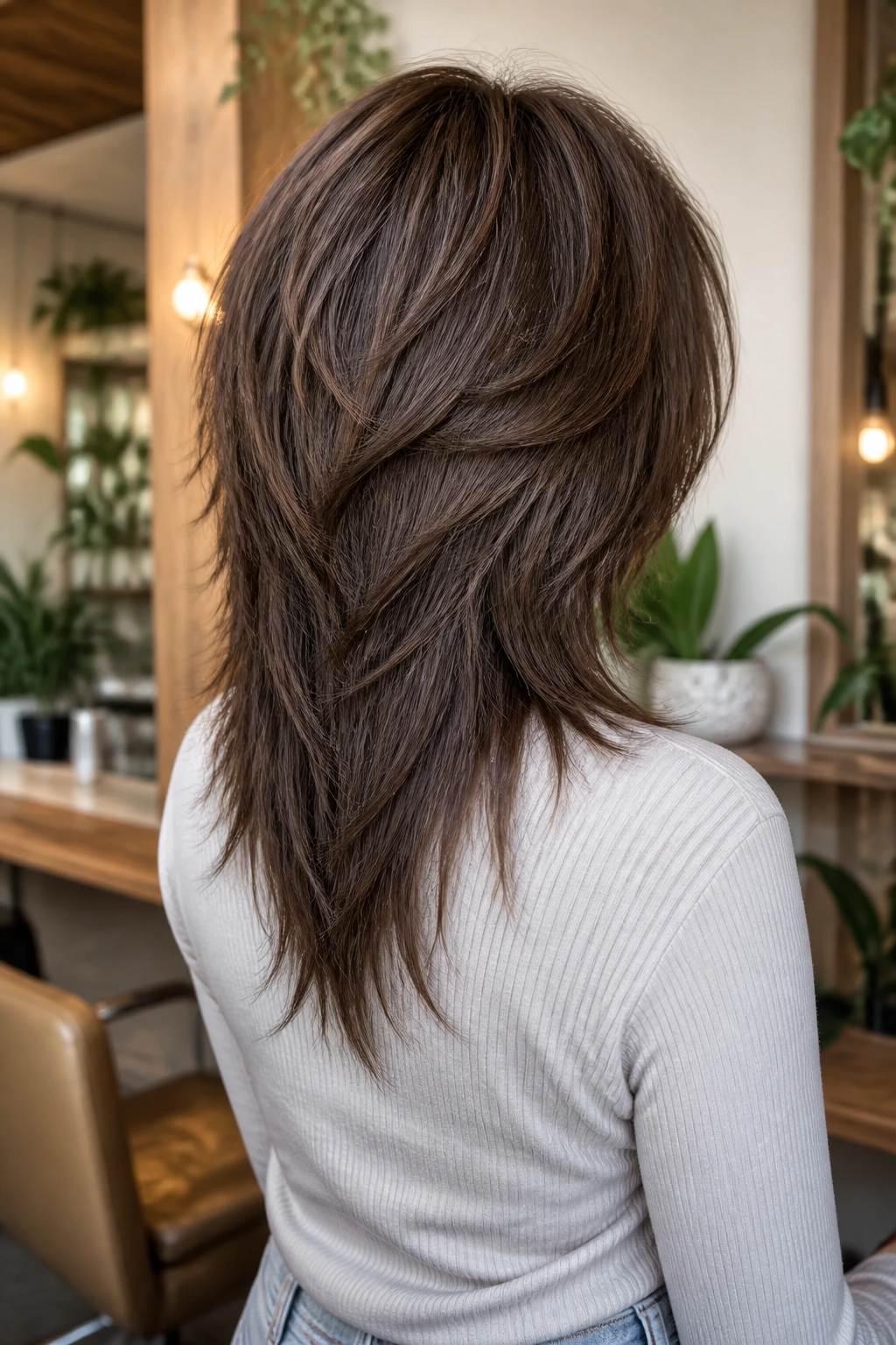 Back view of a real person displaying a V-shape shag with tapered back