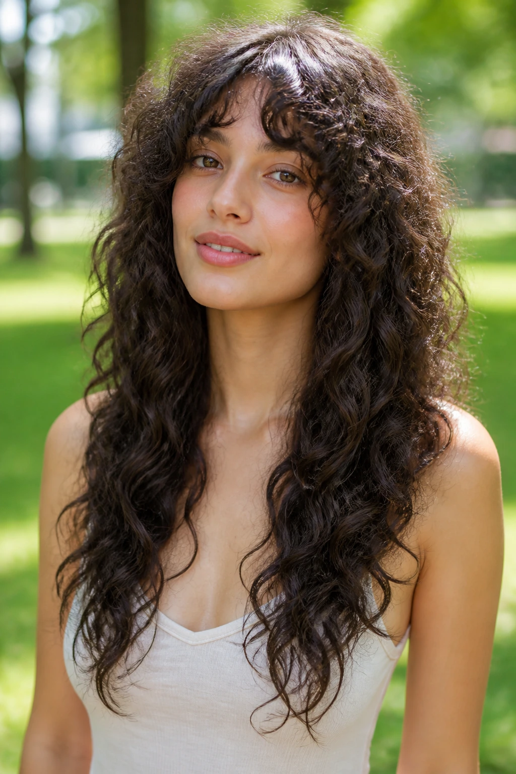 Woman with V-shaped cascade layers in a park setting.