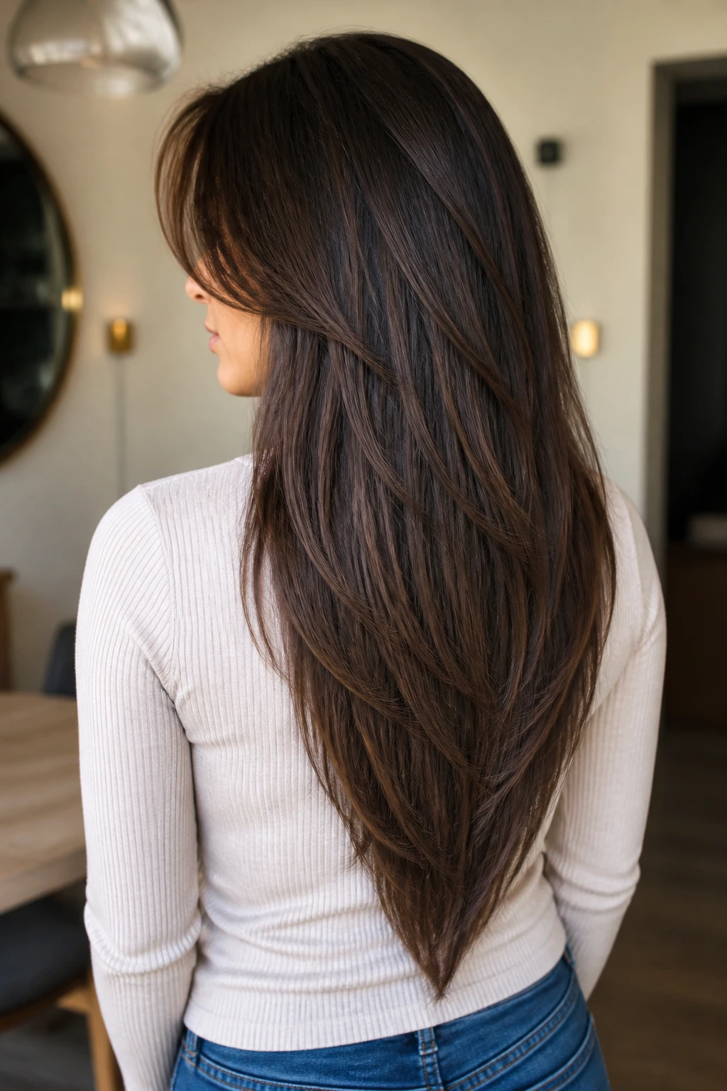 Medium close-up of a real woman with a V-shaped back cut creating a downward point.