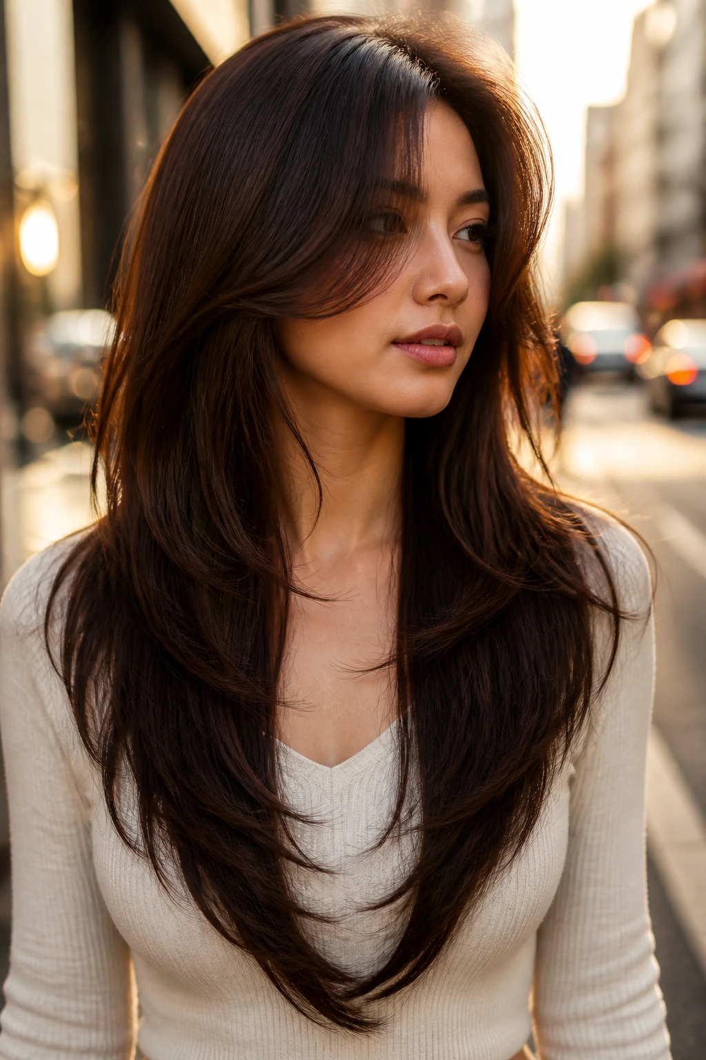 Portrait of a real woman with V-shaped long layers and a strong outline.