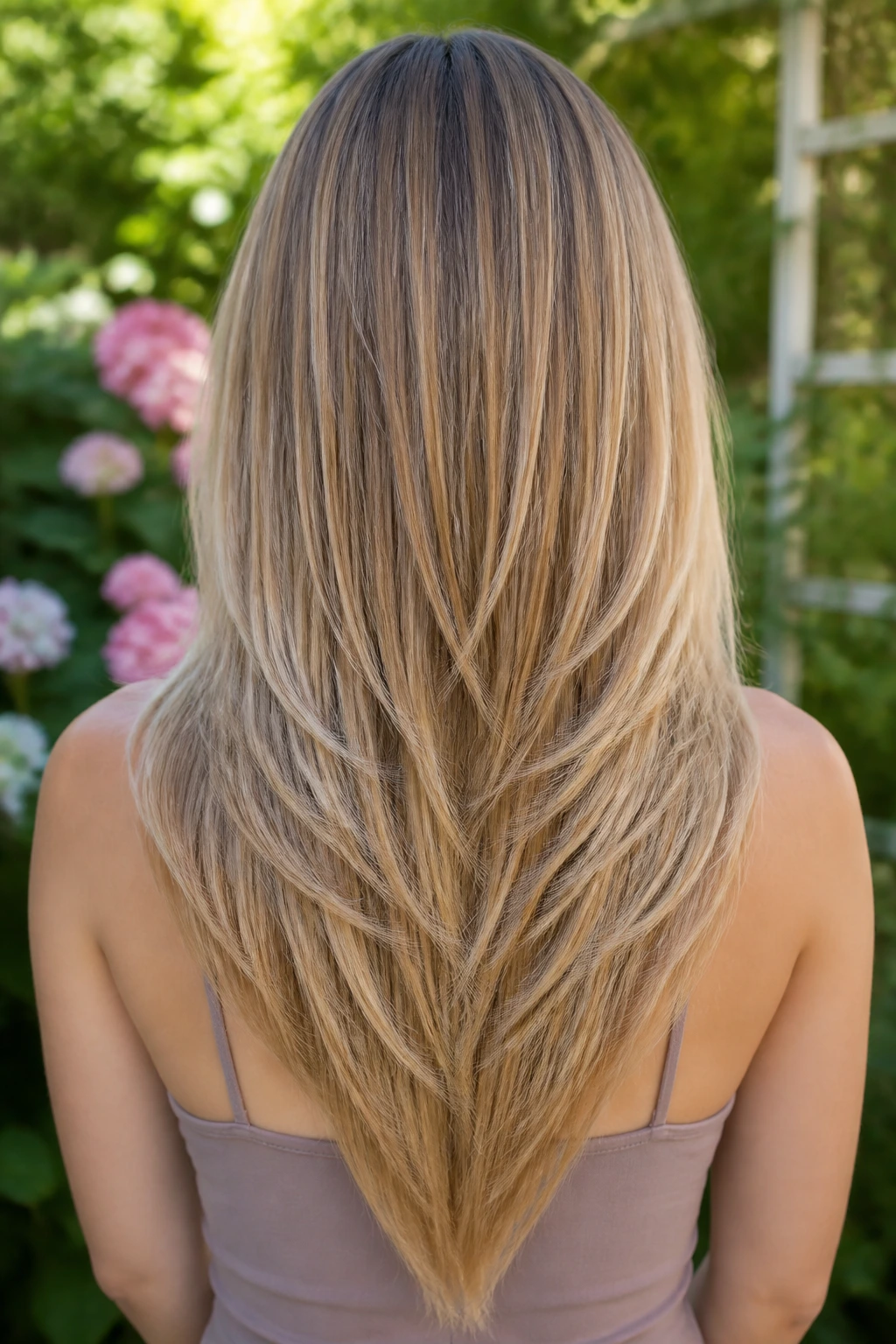 Back view of a real woman with a soft V-tail feather cut and feathered sides in natural outdoor light