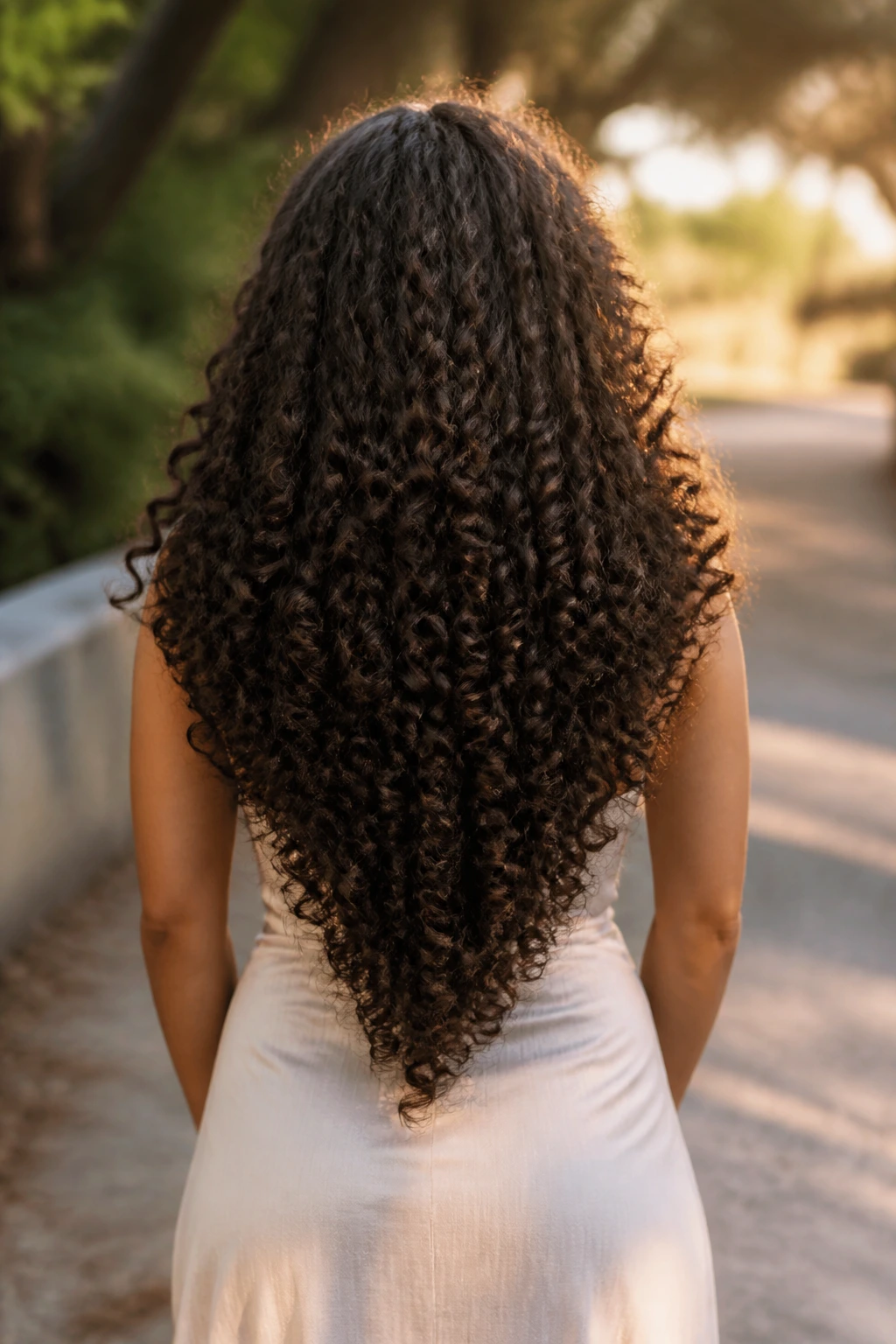 Back view of a real woman with long curls forming a V-tail silhouette.
