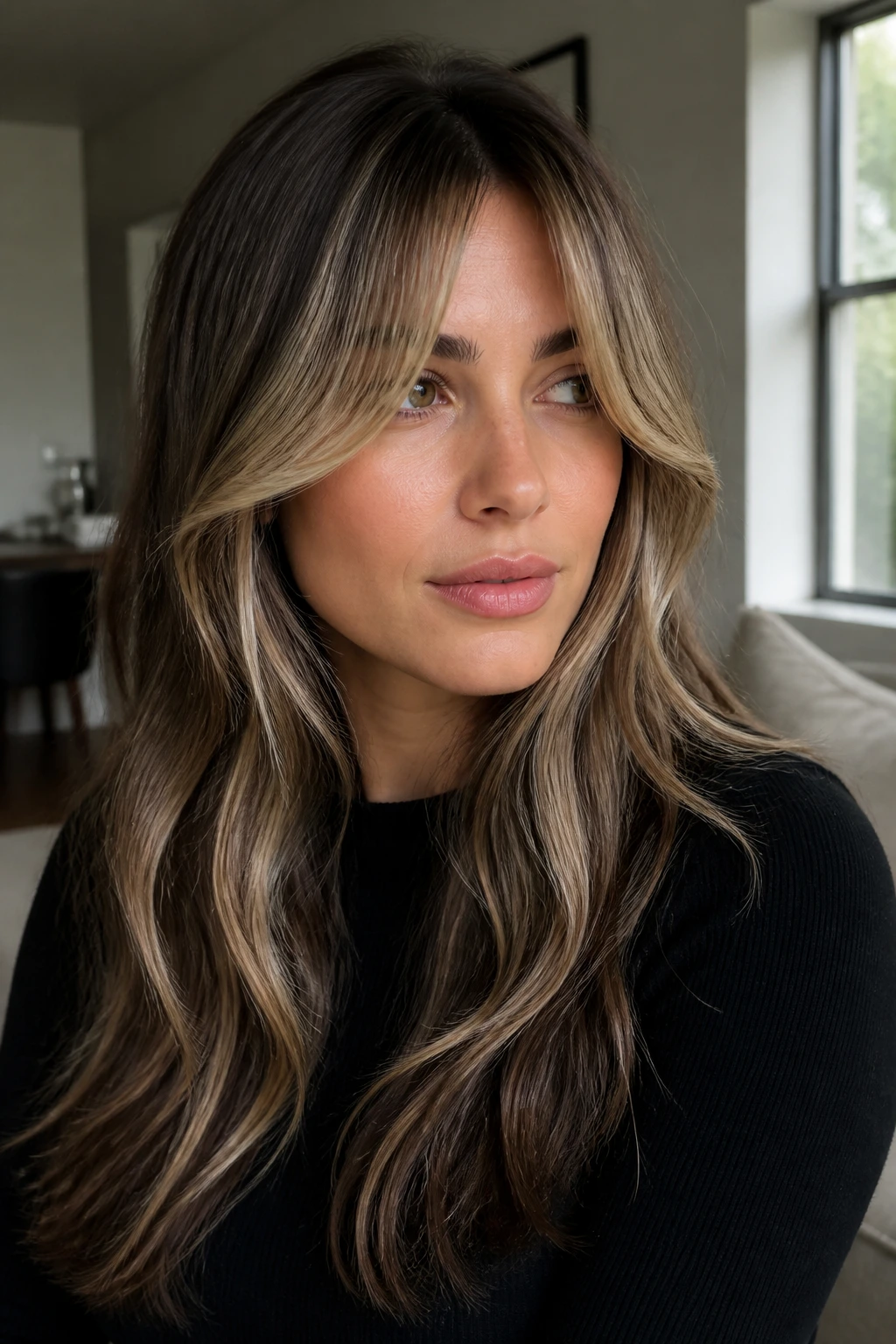 Close-up of Vanilla Ash Highlights through curtain bangs on a real person
