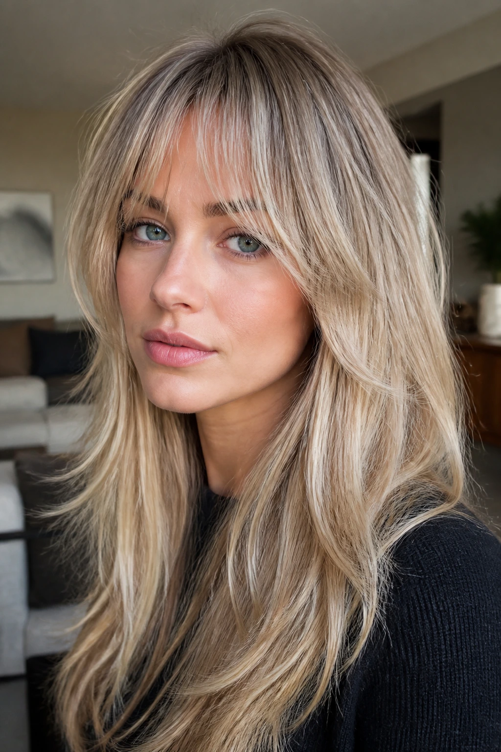 Close-up portrait of a real person with vanilla ash layered hair and feathered fringe.