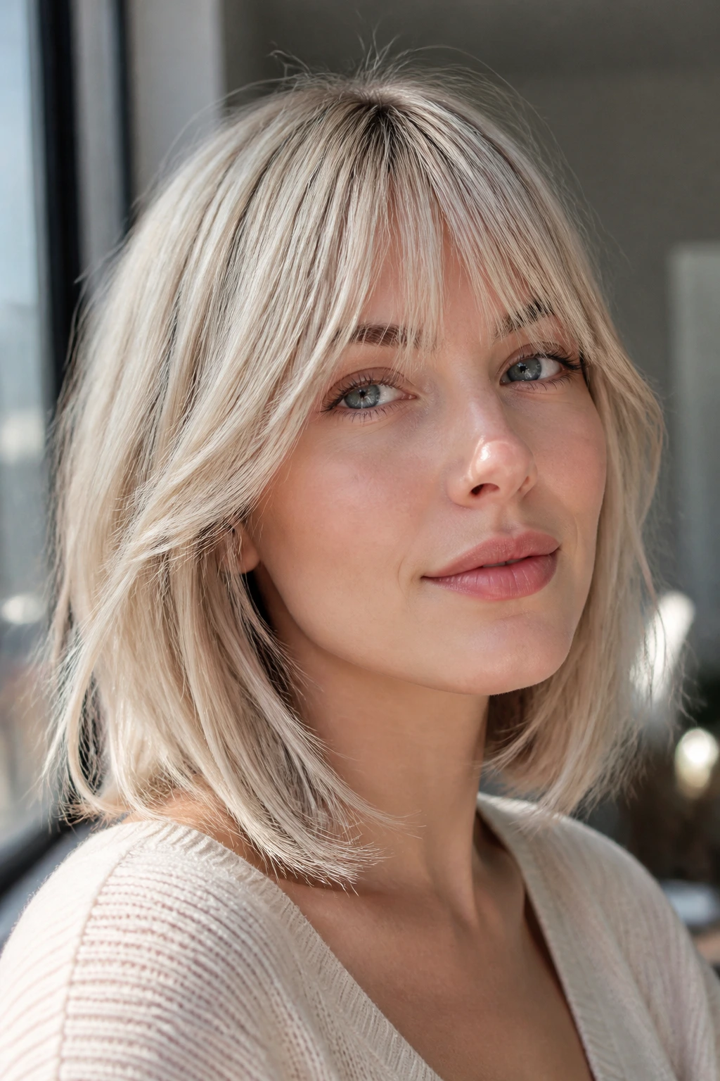 Real woman with vanilla ash lob and feathered bangs in soft light