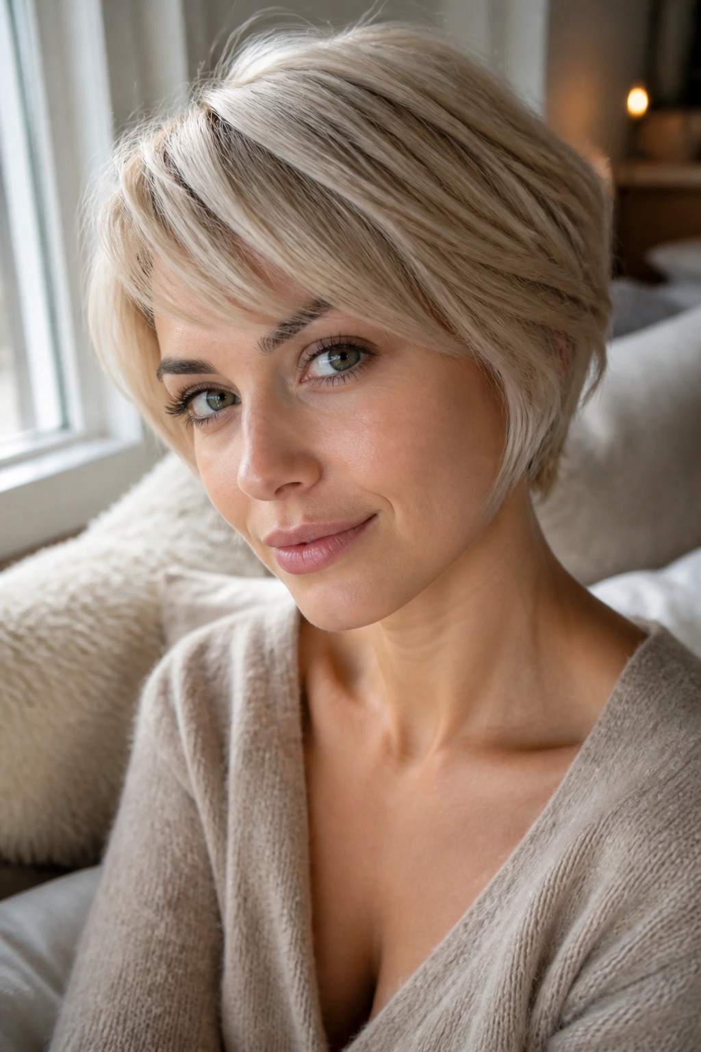 Real woman with vanilla ash pixie-bob hairstyle in soft morning light.