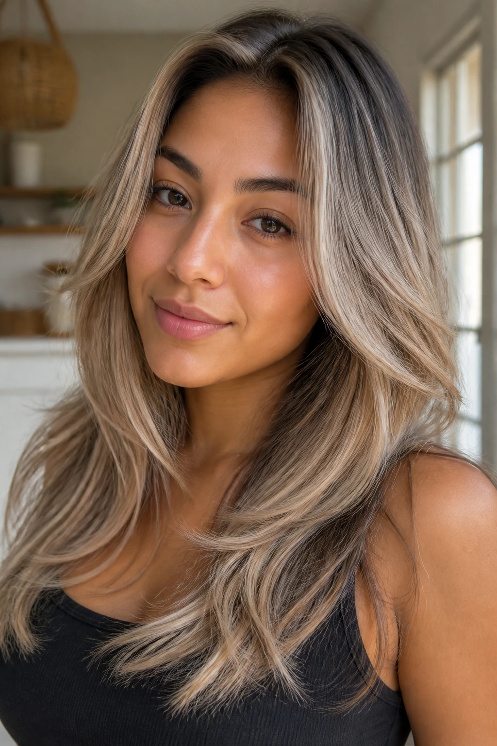 Close-up of a real woman with vanilla ash veil and soft layered hair in natural daylight