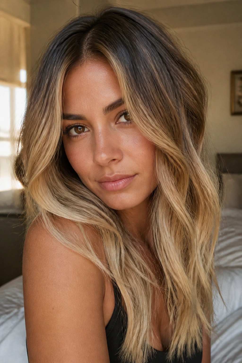 Close-up portrait of a real woman showing vanilla babylights and painted ends in sunlit hair.