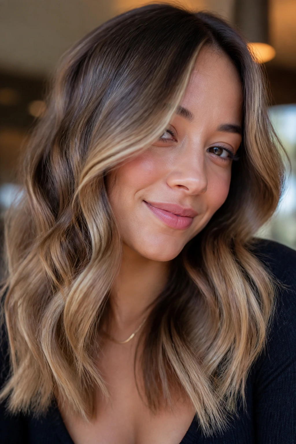 Close-up of brunette with sun-kissed vanilla balayage and face-framing lighter tones