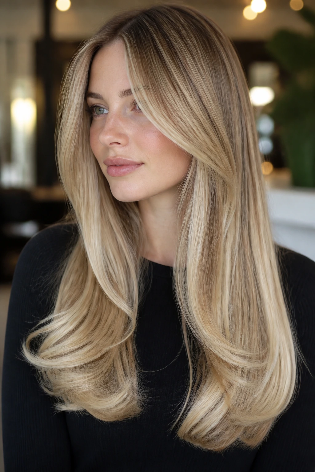 Close-up of a woman with long vanilla balayage and U-cut.