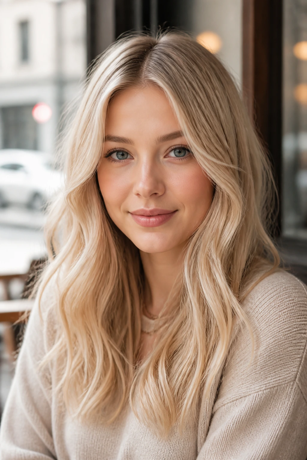 Close-up portrait of a real woman with vanilla bean blonde hair at a cafe