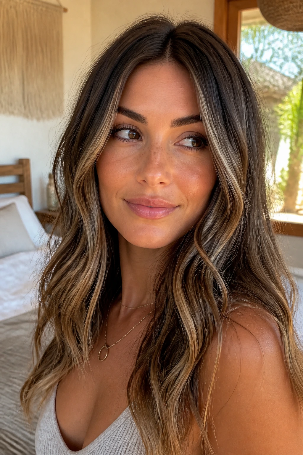 Brunette with vanilla bean blonde babylights in soft waves, close-up portrait.
