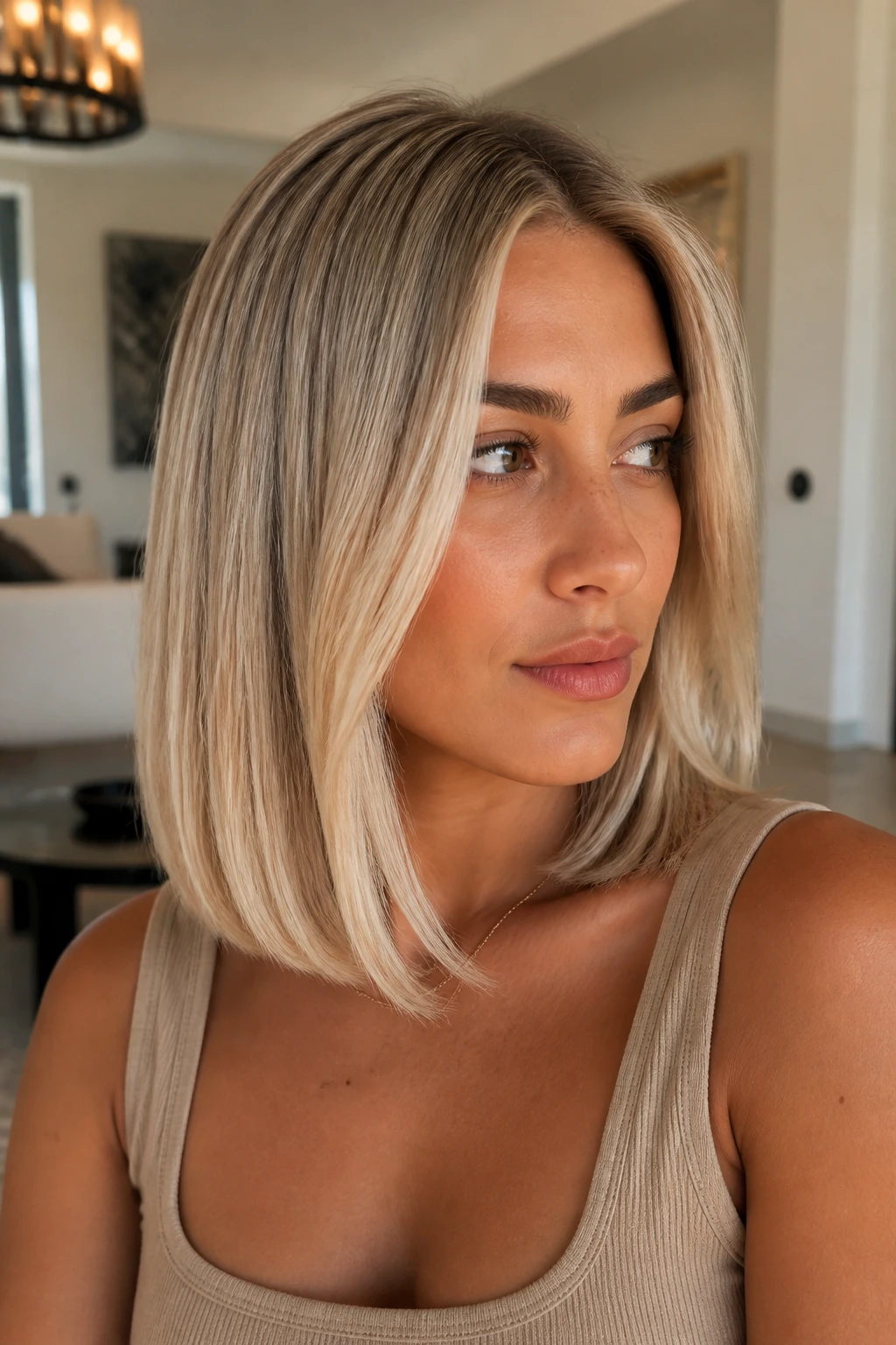Close-up of a real woman with Vanilla Bean Blonde creamy beige blonde and glossy finish.