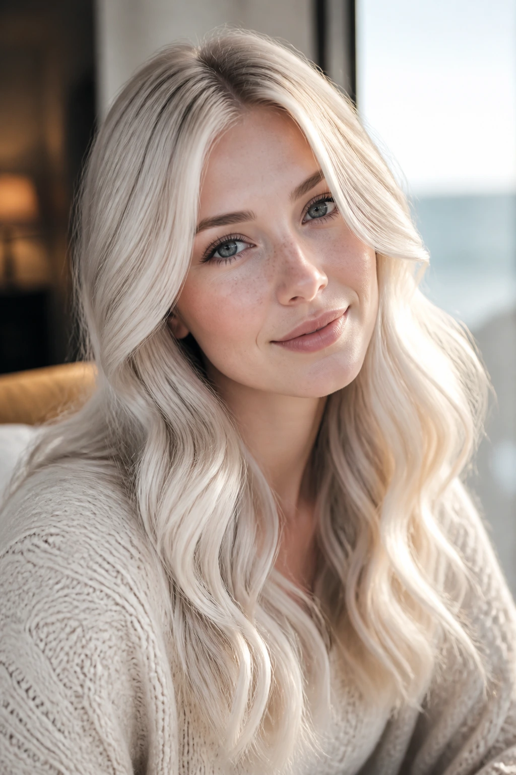 Close-up portrait of a woman with vanilla bean platinum waves and fair skin.