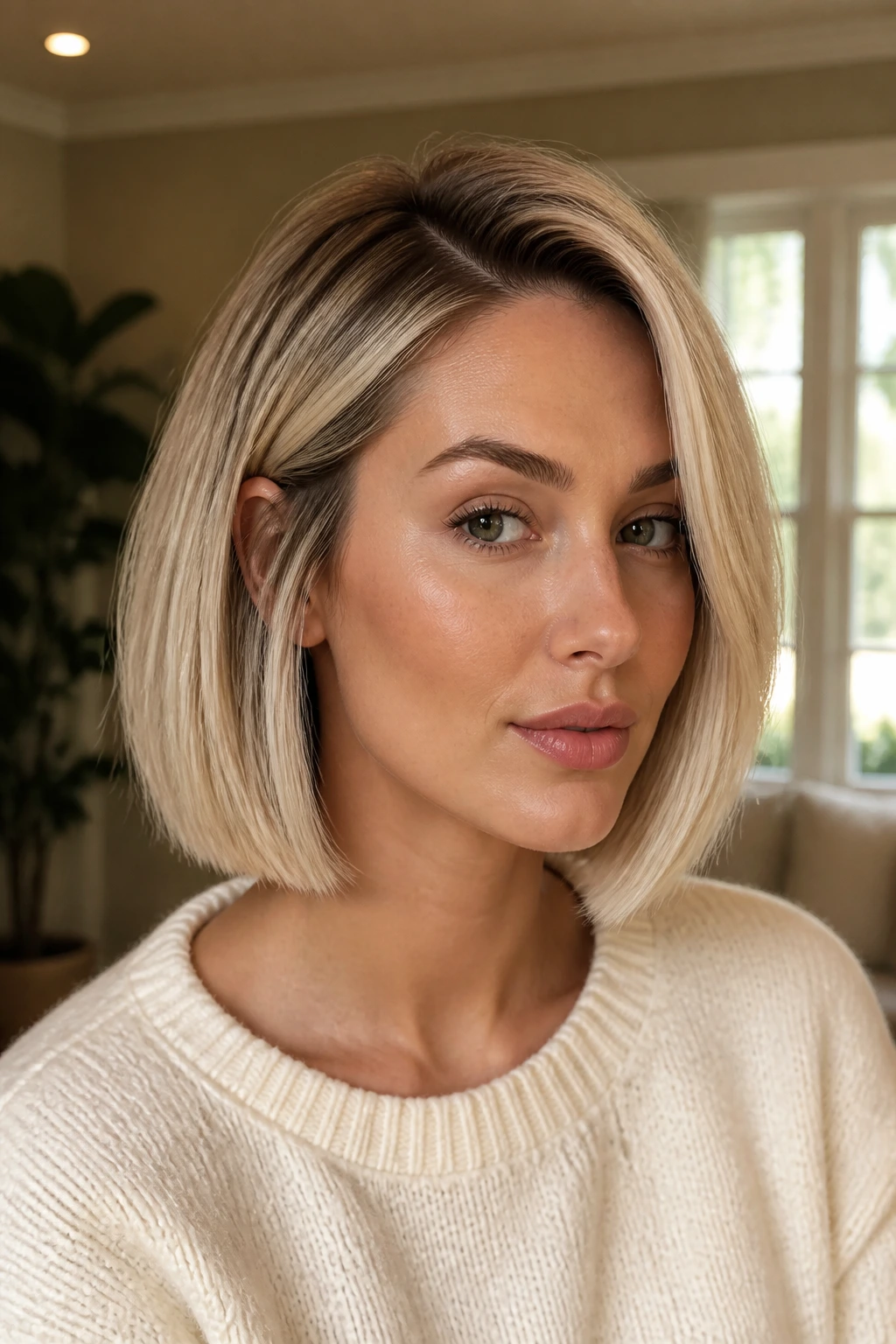 Portrait of a real woman with vanilla beige bob and side part in warm natural light