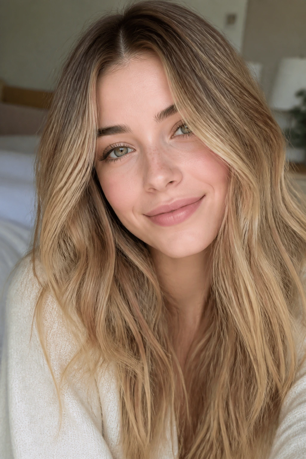 Close-up of a real person with vanilla beige bronde in soft morning light