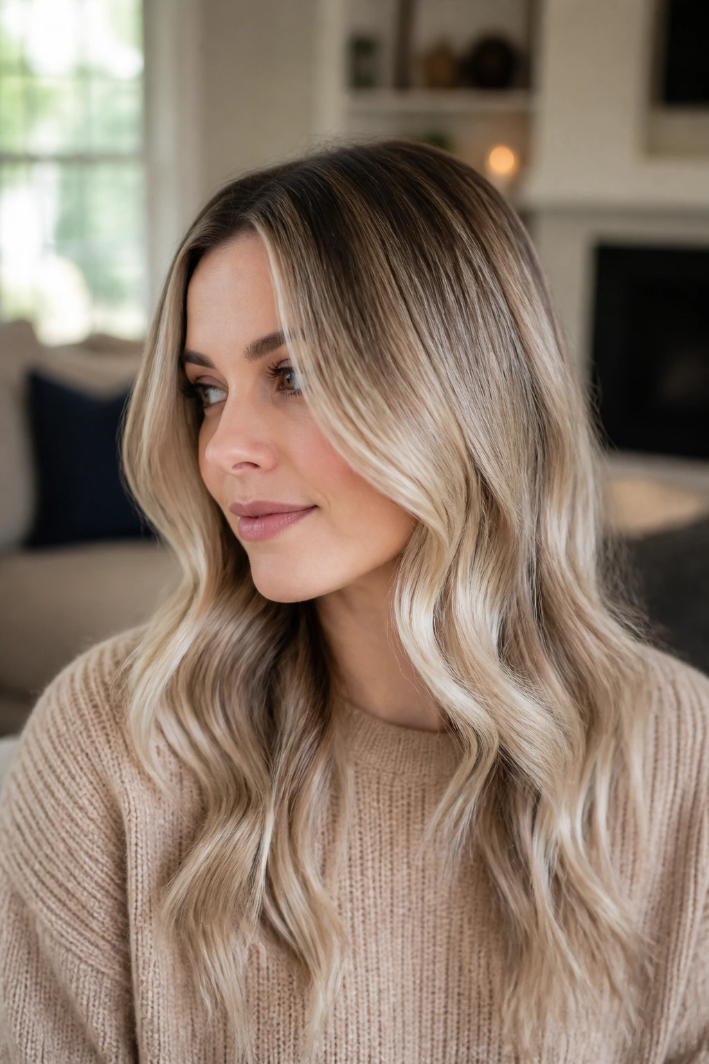 Close-up portrait of a real woman with vanilla beige melt color transition.