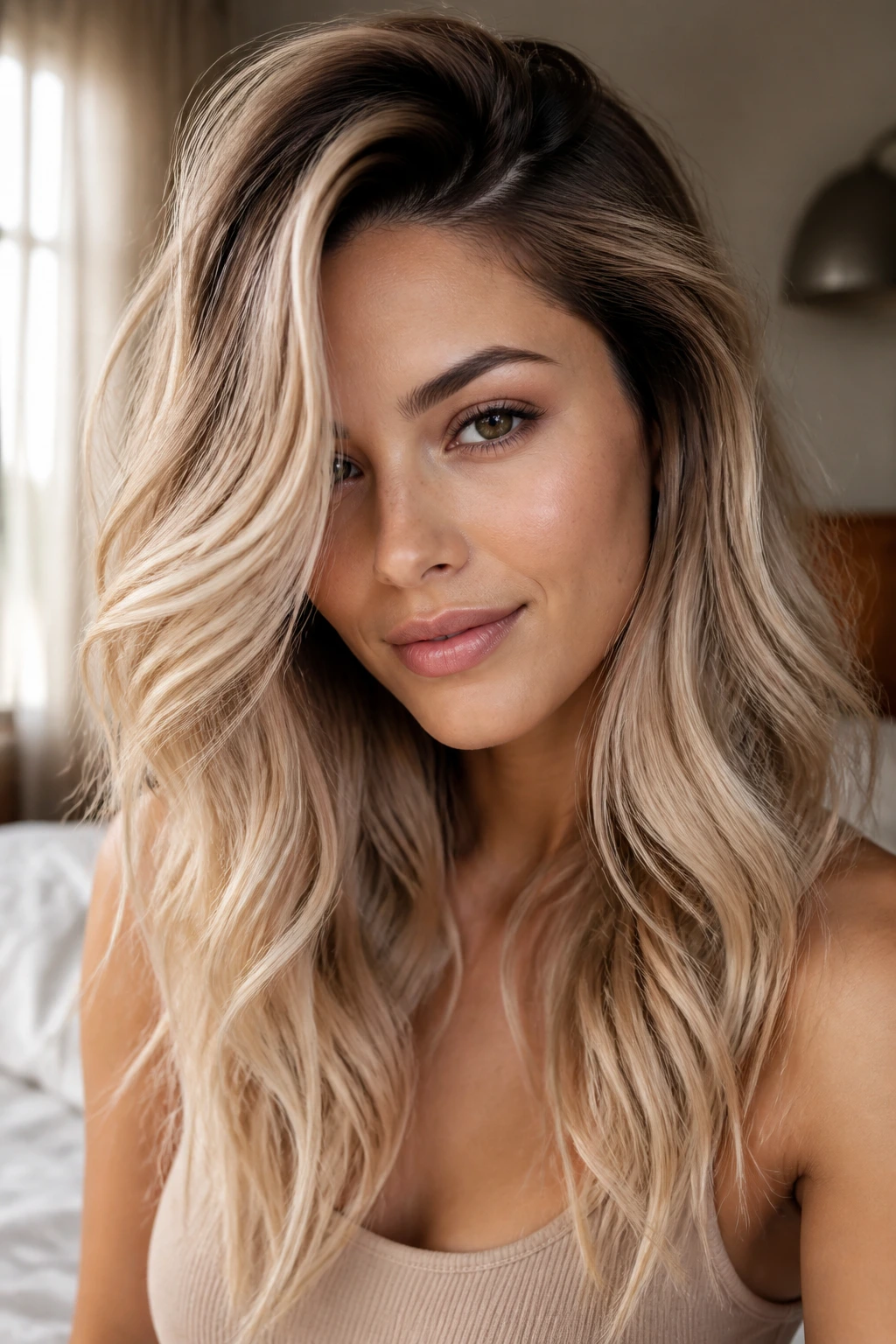Portrait of a real woman with vanilla beige waves and a deep side part.