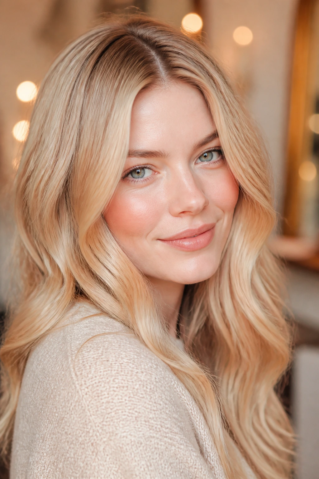 Close-up of peachy vanilla blonde with apricot glow on a real person