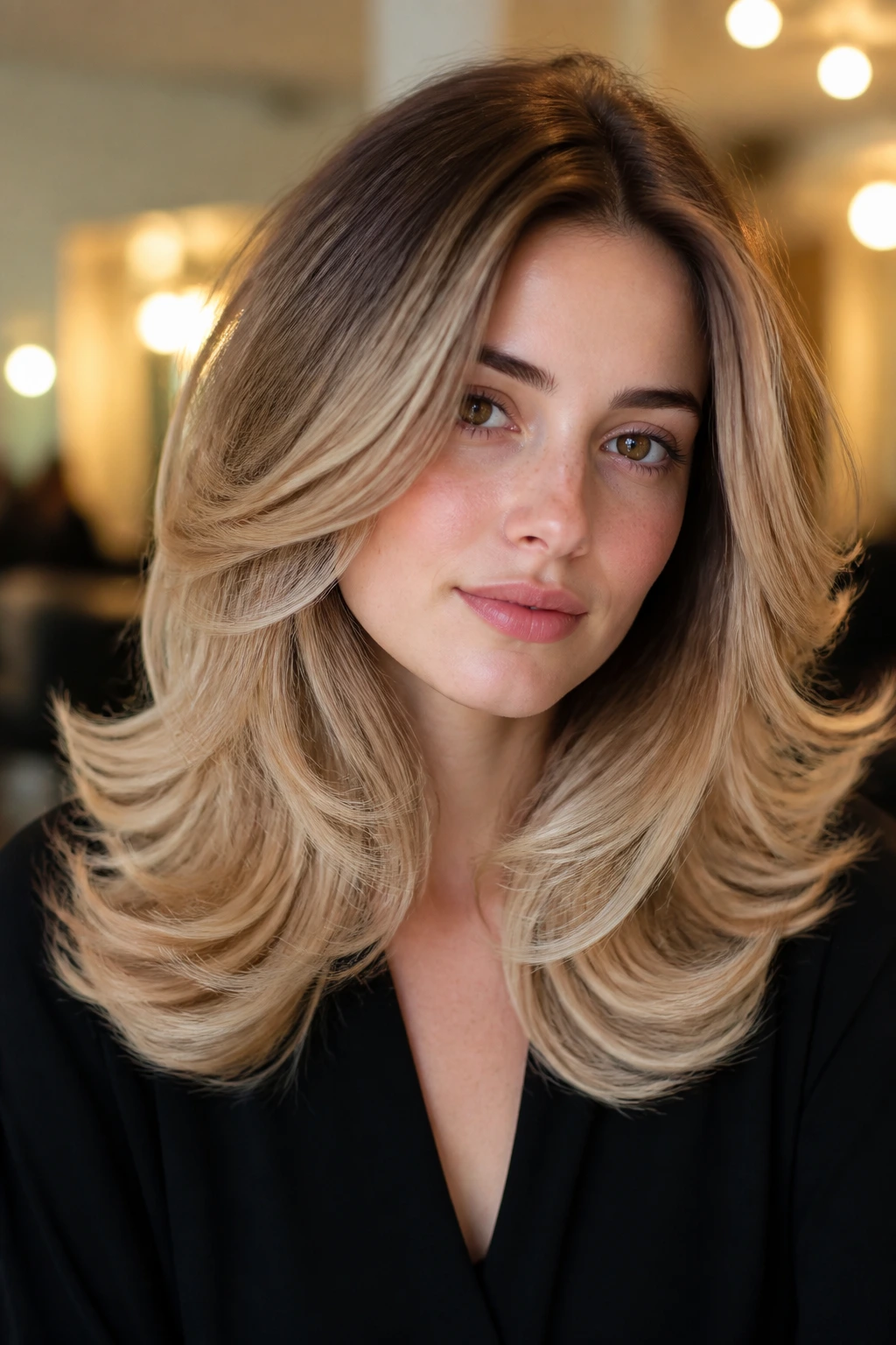 Portrait of a woman with a voluminous blowout and vanilla blonde ends in a warm salon