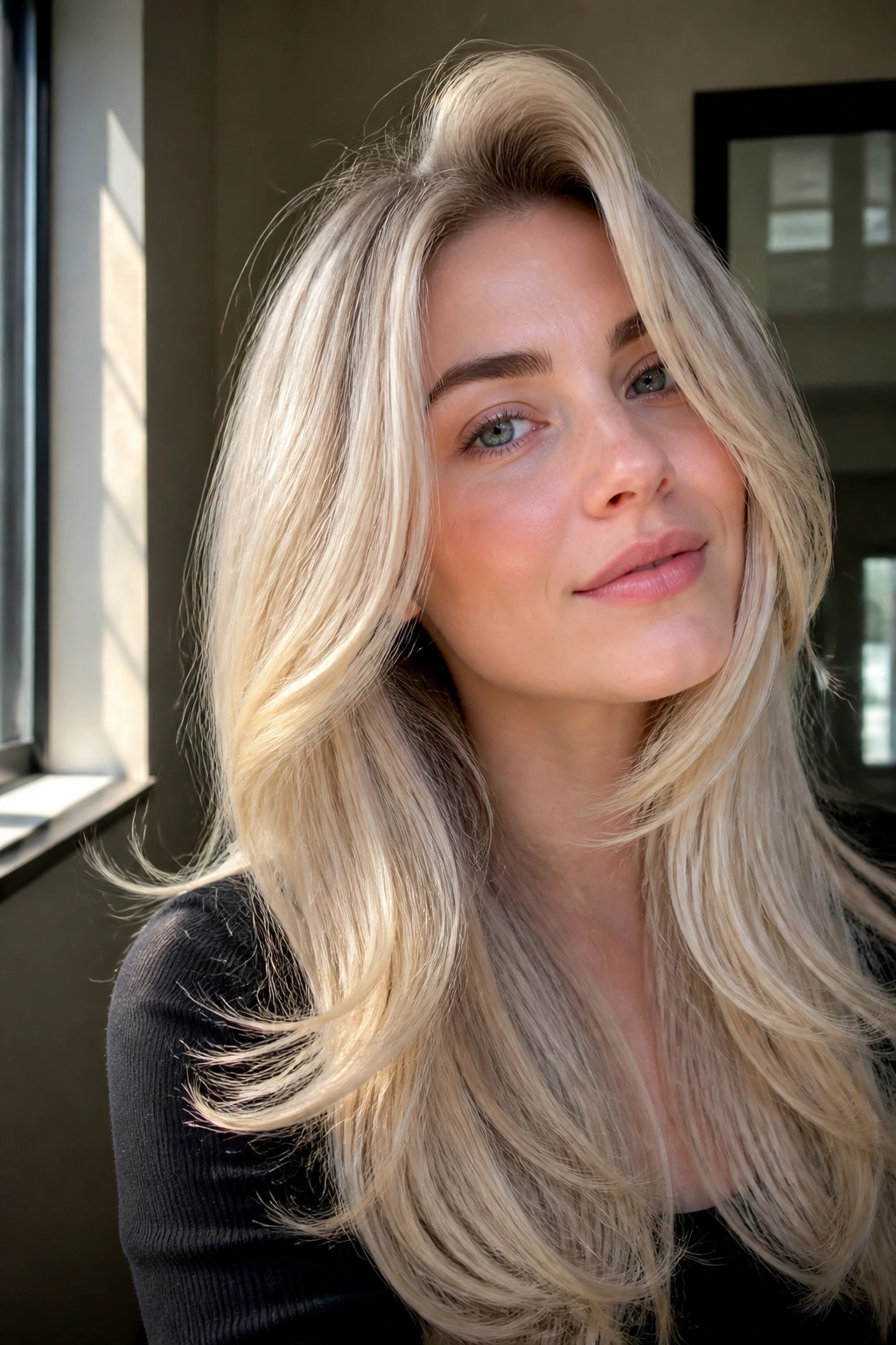 Portrait of a person with vanilla blonde blowout layers.