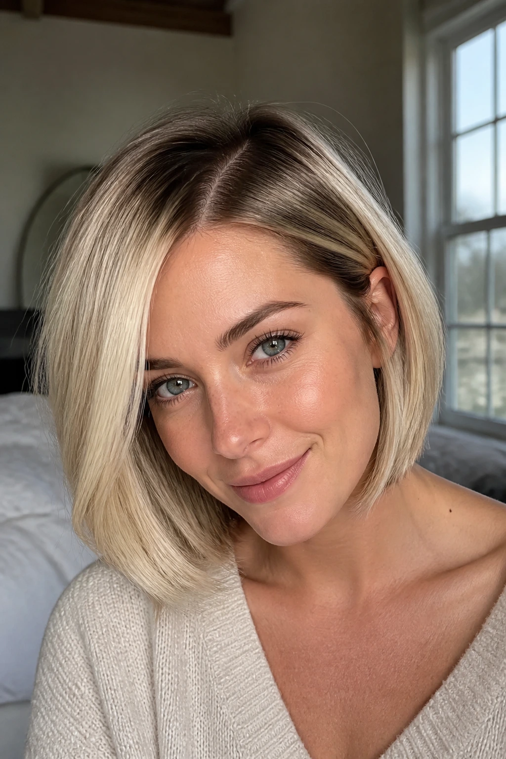 Close-up of a real woman with vanilla blonde bob and side-part brightening