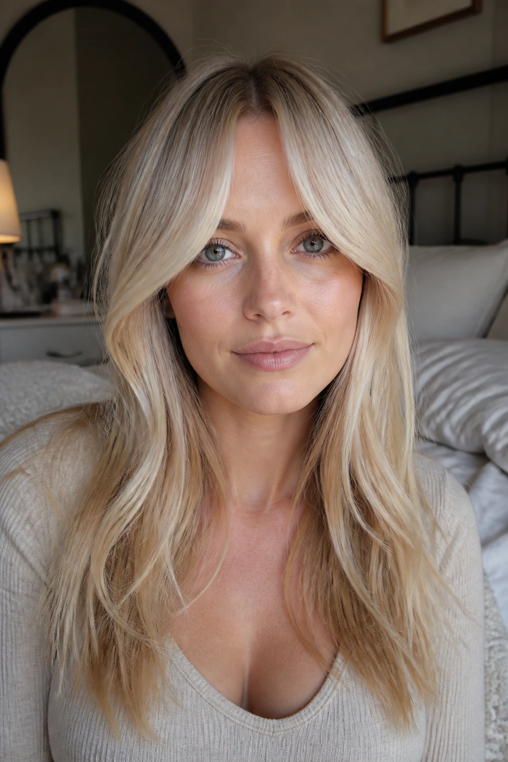 Close-up of a real woman with bottleneck curtain bangs in soft vanilla blonde under natural window light