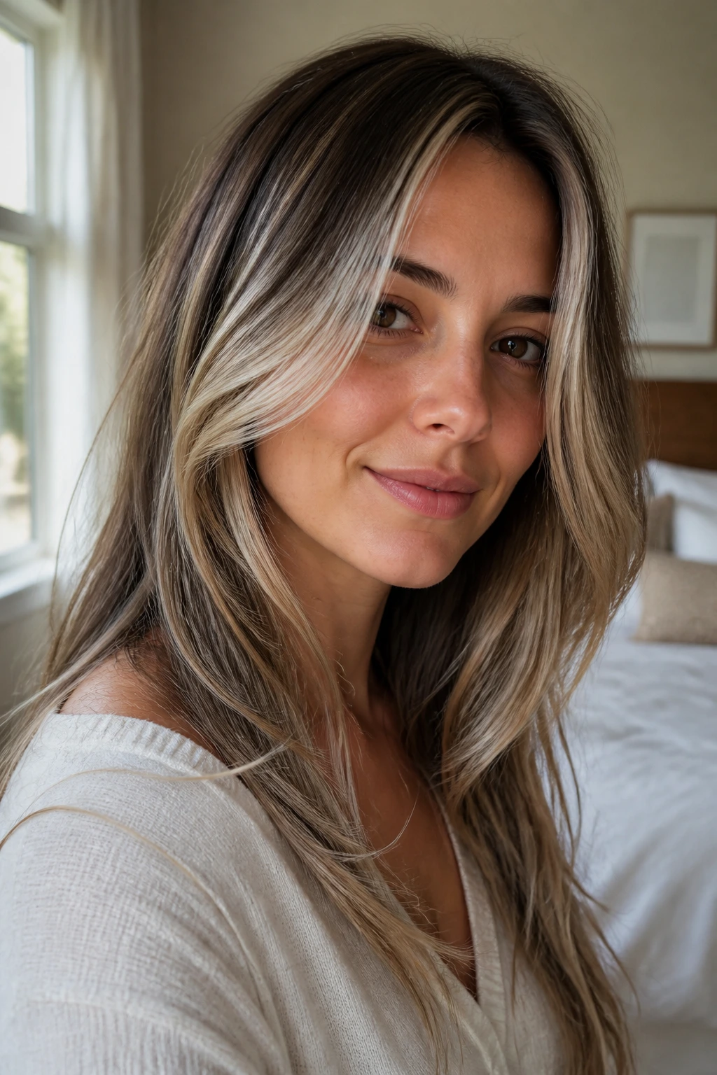 Close-up portrait of a real woman with soft vanilla veil blonde highlights over brunette base, natural light