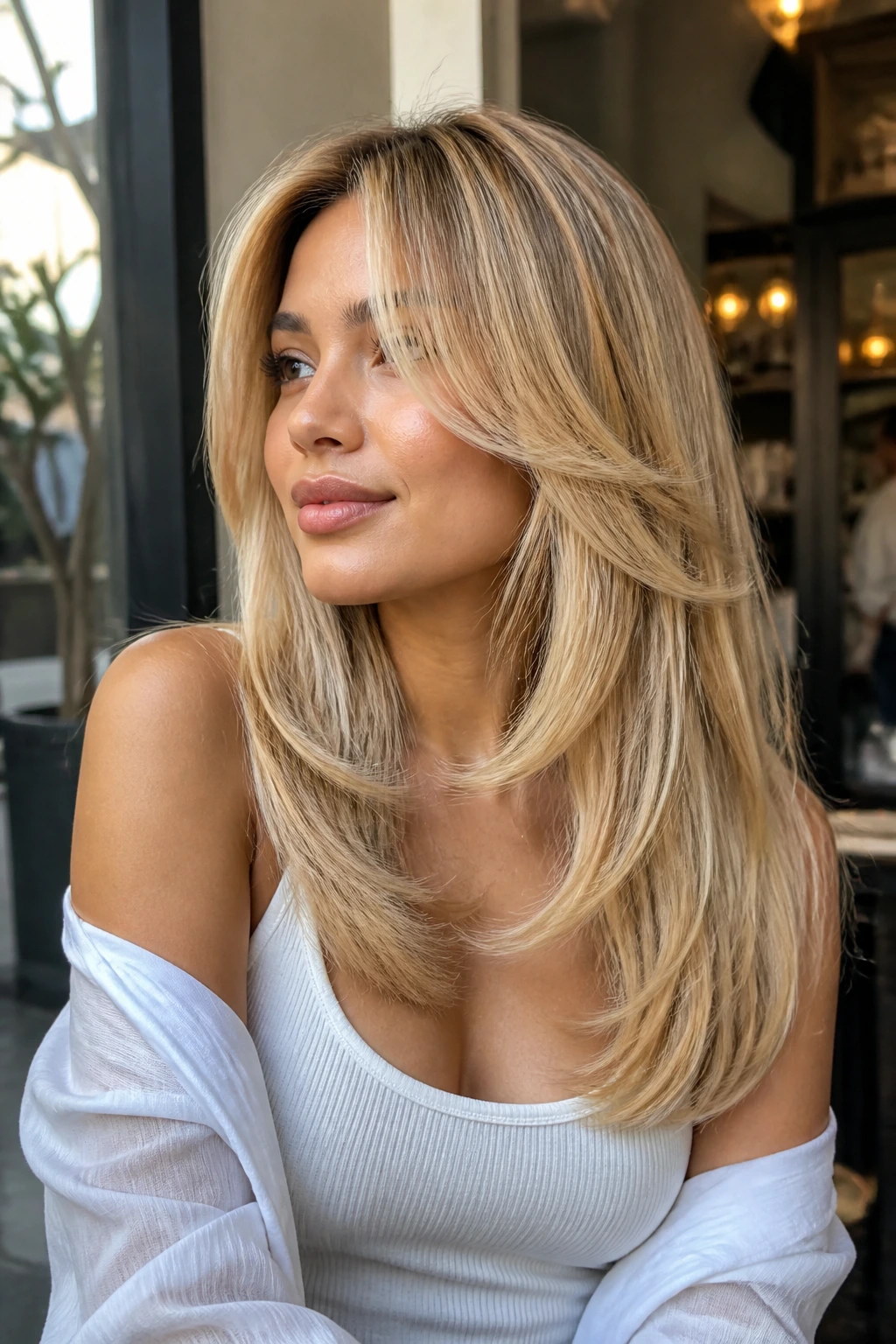 Close-up of a real woman with vanilla blonde butterfly cut in a sunlit interior.