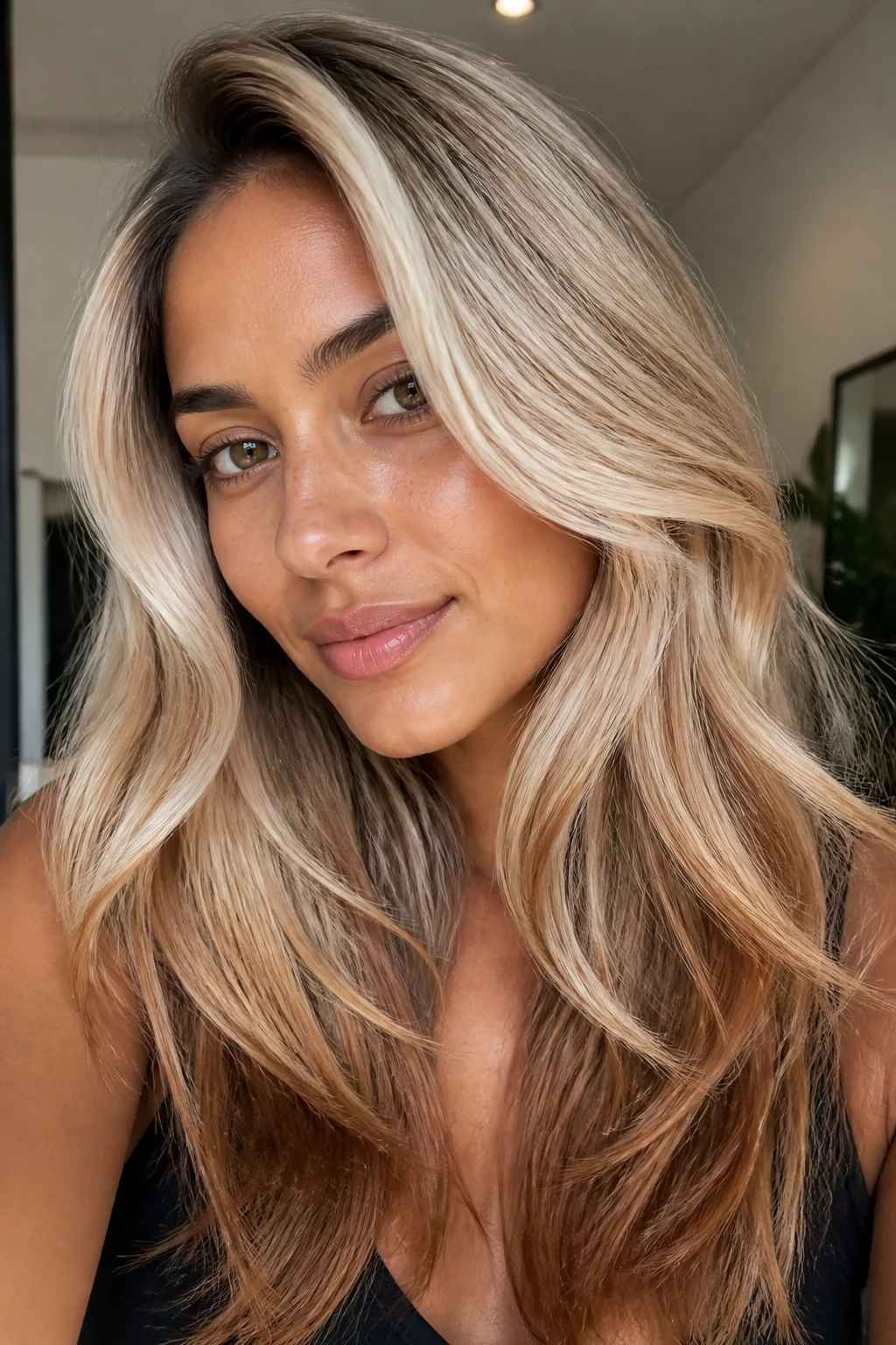 Close-up of vanilla blonde hair with caramel ends on a real woman in daylight