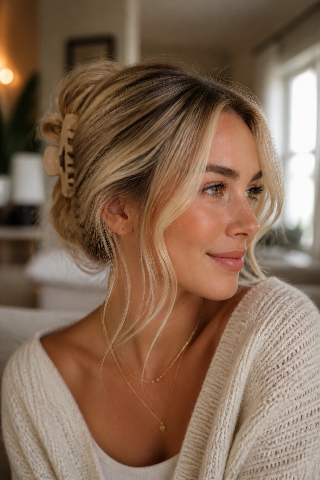 Close-up of a woman with warm vanilla blonde claw-clip twist hairstyle