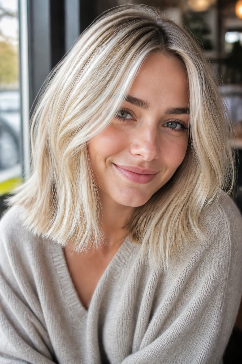 Close-up of a real woman with creamy vanilla blonde hair and a subtle cool sheen.