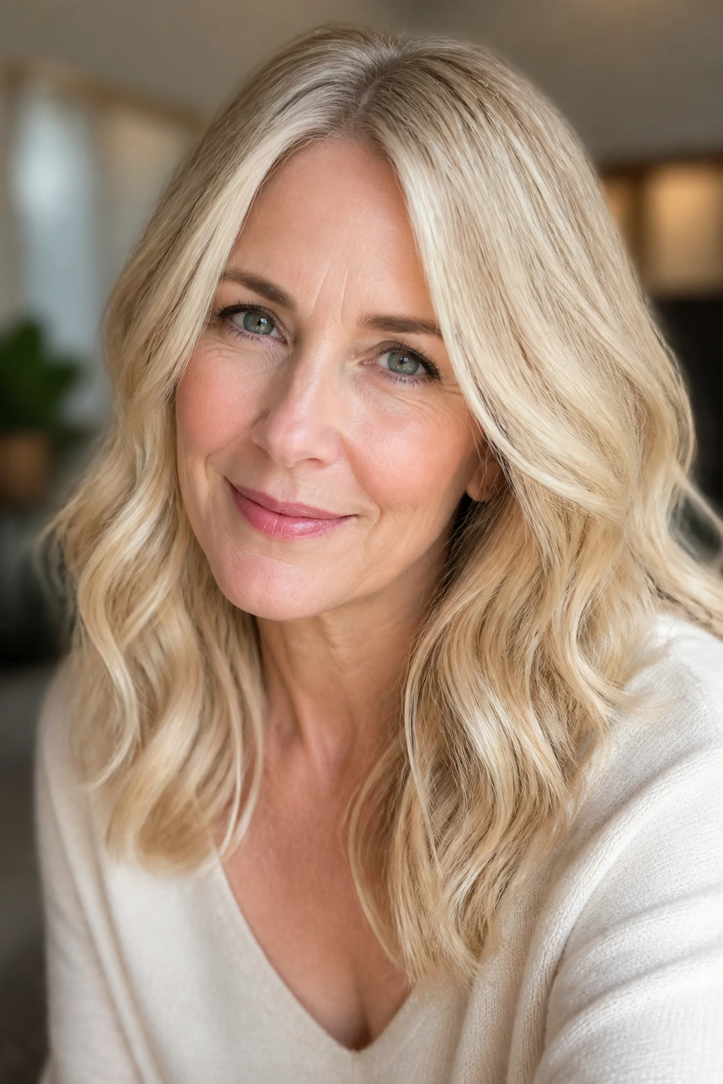Portrait of a woman with vanilla blonde hair and creamy finish in bright airy room