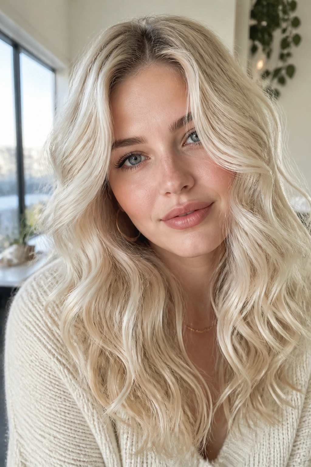 Close-up of a real woman with vanilla blonde curls in bright indoor light