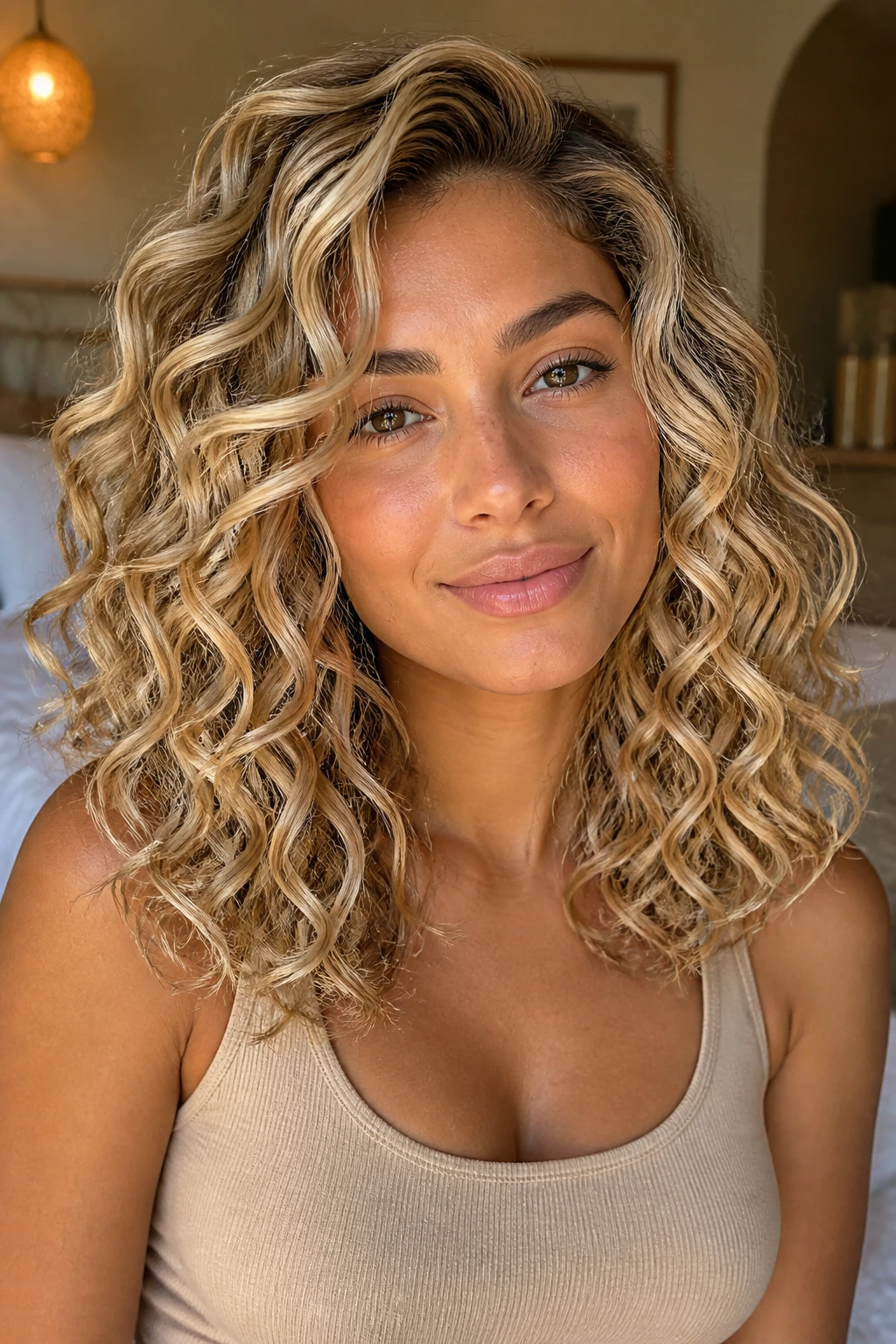 Close-up of a real woman with dimensional vanilla blonde curls and face-framing highlights in natural window light