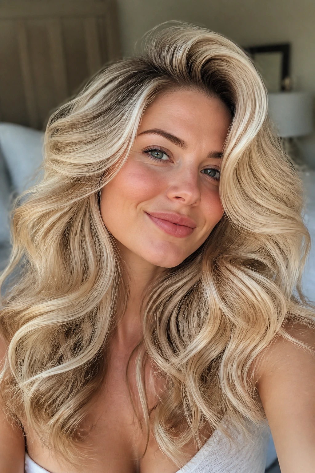 Close-up of a real woman with vanilla blonde brushed-out glam curls