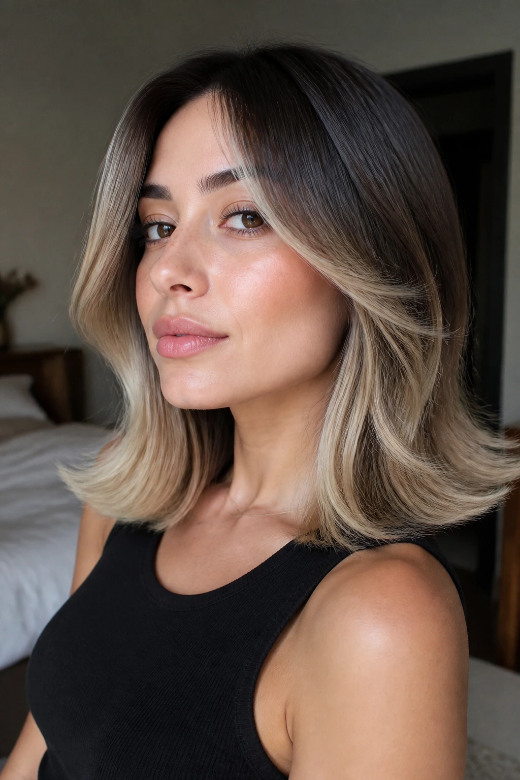 Close-up of a real person with cool vanilla flip-out hairstyle in natural window light