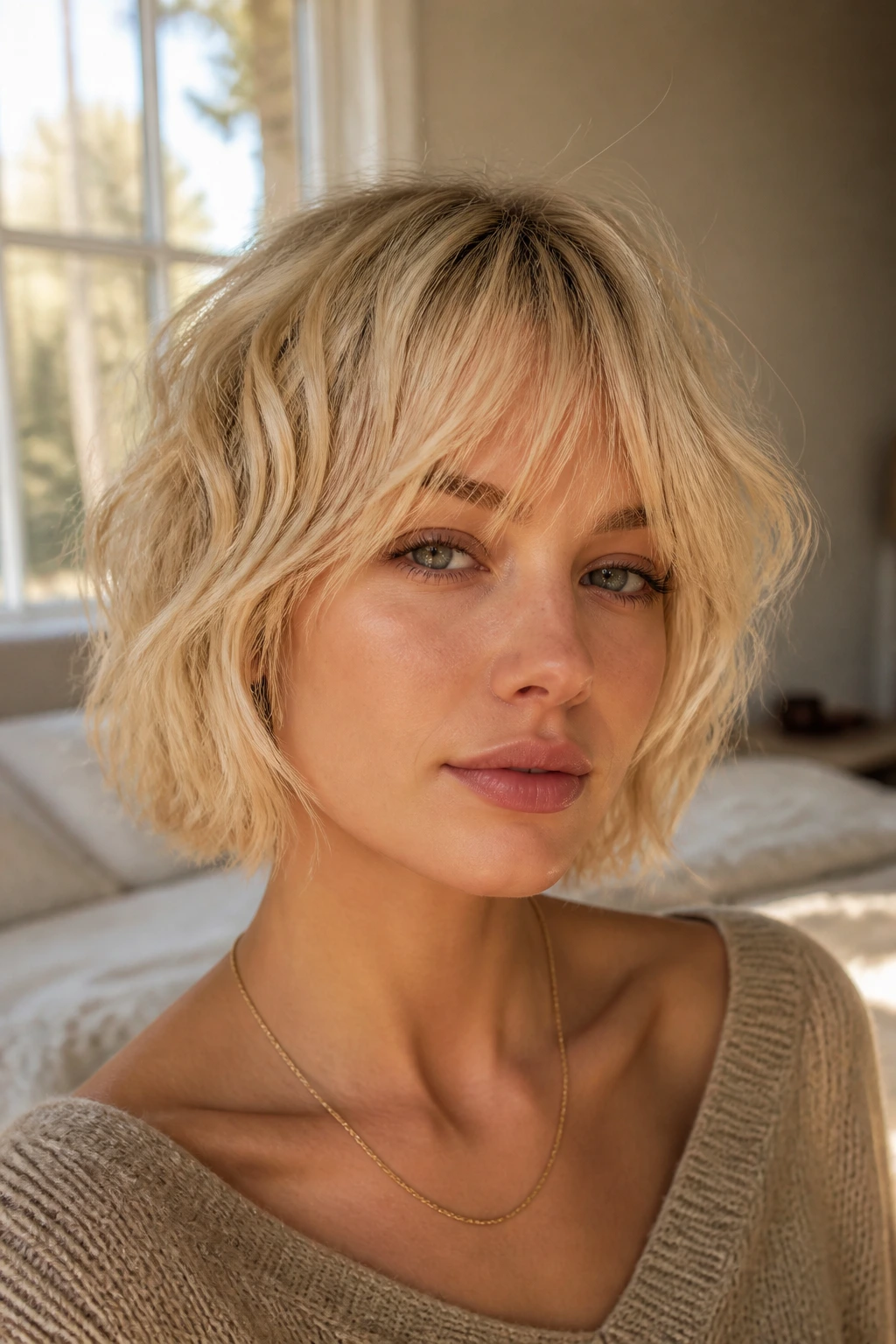 Close-up of a real woman with vanilla blonde bob and wispy fringe layers in natural light.