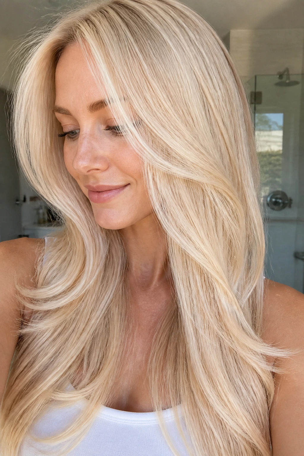 Portrait of a real woman with satin vanilla blonde hair and a glossy, creamy finish.