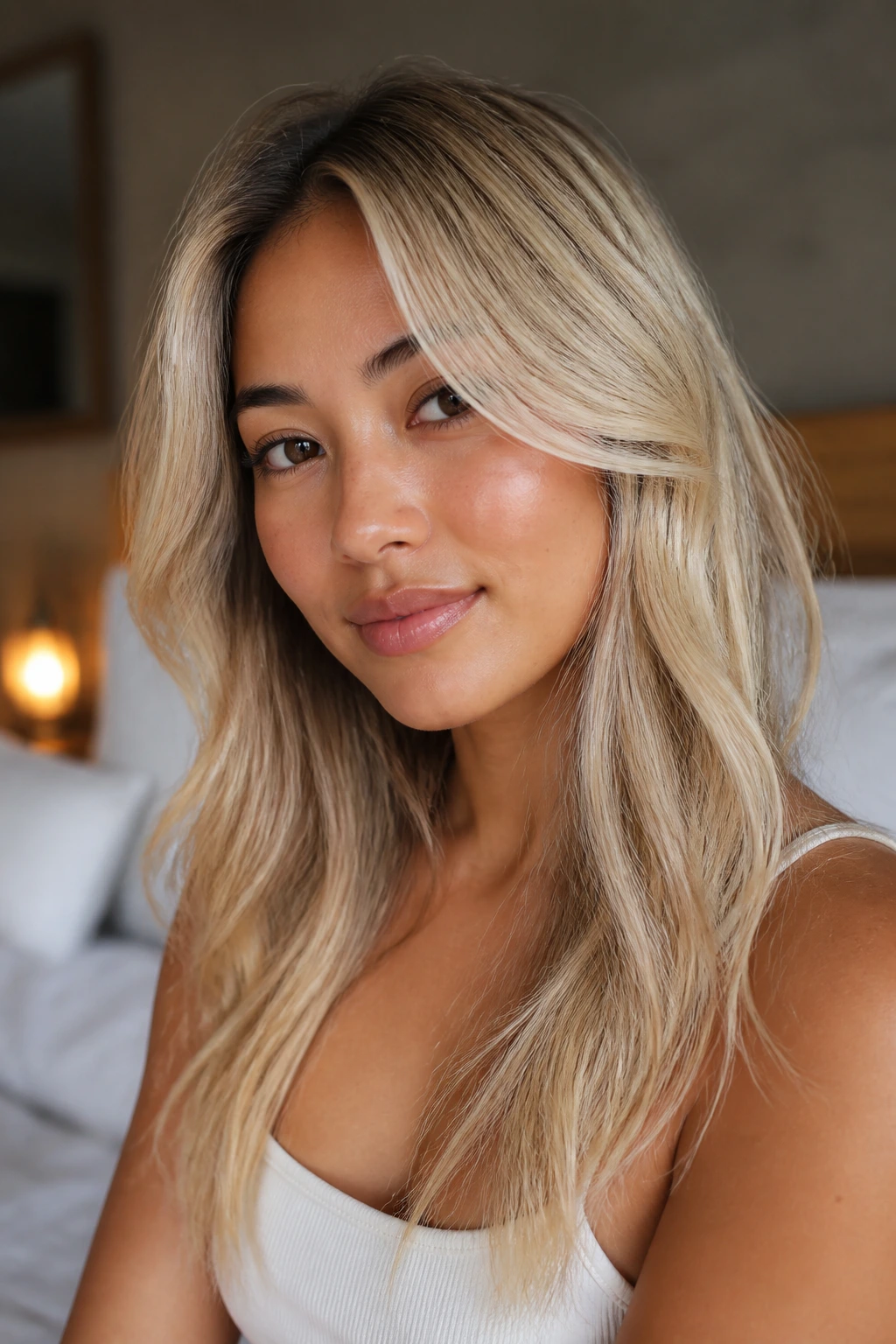 Close-up portrait of a woman with Vanilla Blonde hair in warm cream tones under natural window light