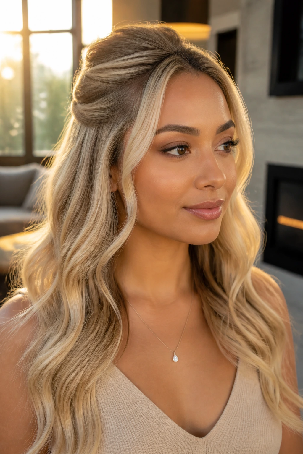 Three-quarter portrait of a real woman with vanilla blonde half-up twist
