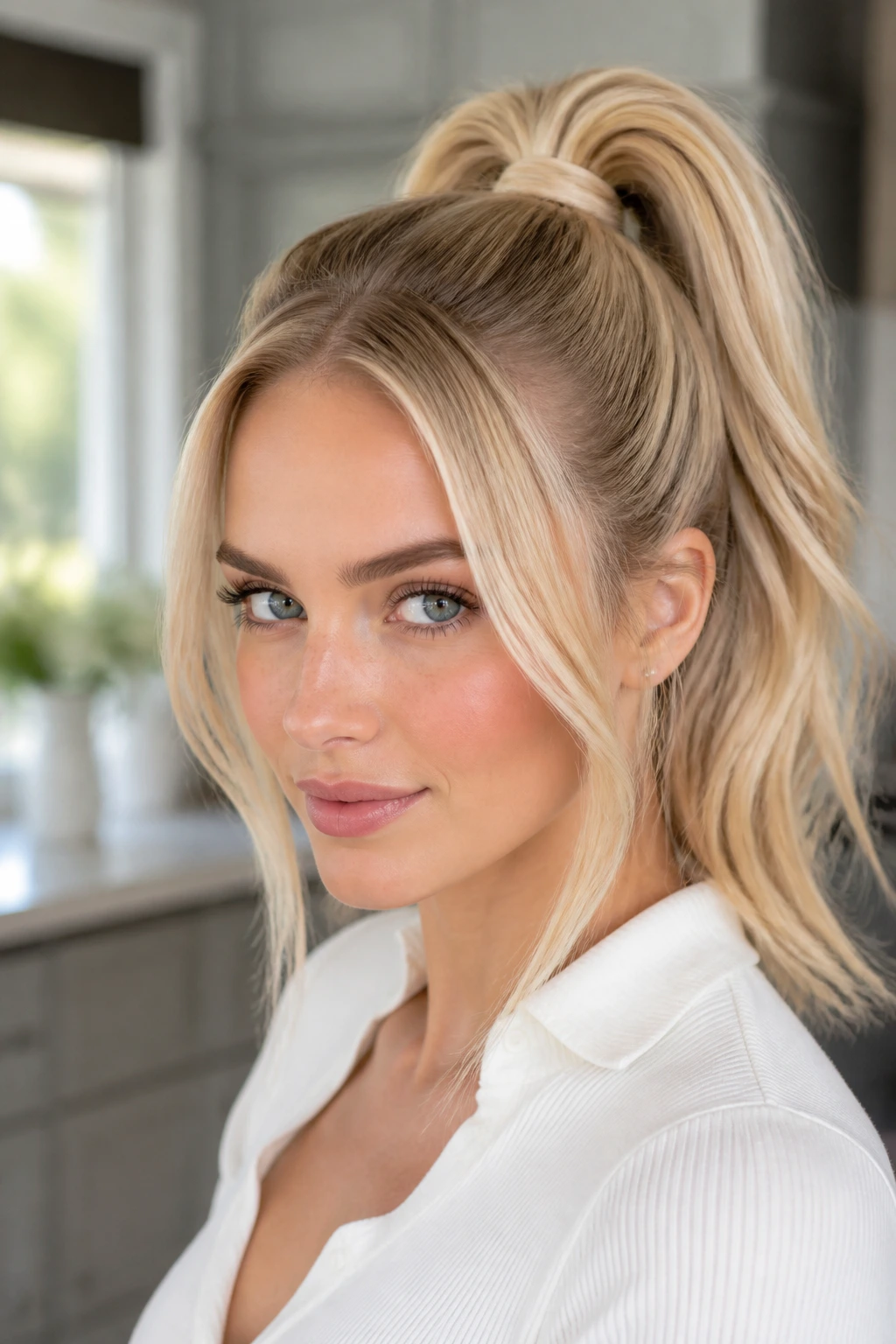 Real woman with vanilla blonde high ponytail framing the face