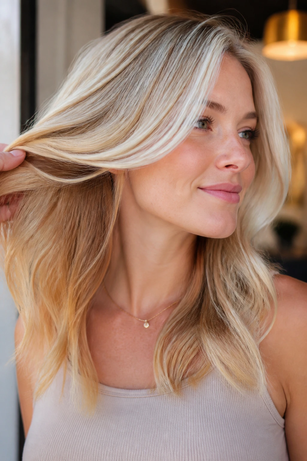 Portrait of a real woman showing vanilla blonde hair with hidden honey underlights