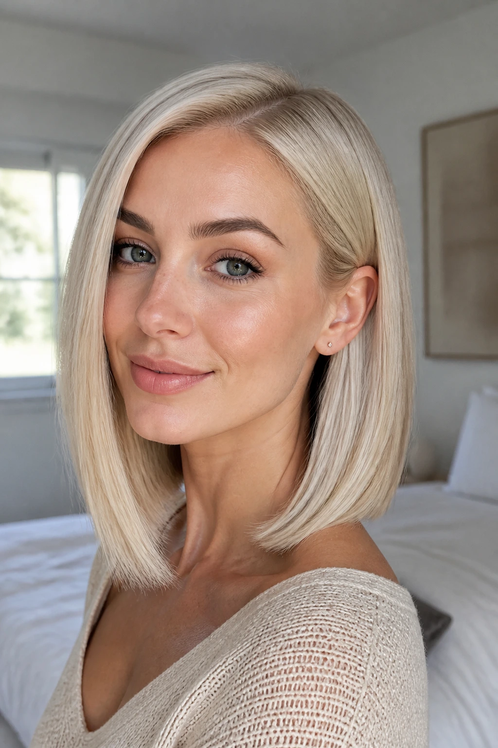 Close-up of real woman with vanilla-blonde lob behind the ear in natural light